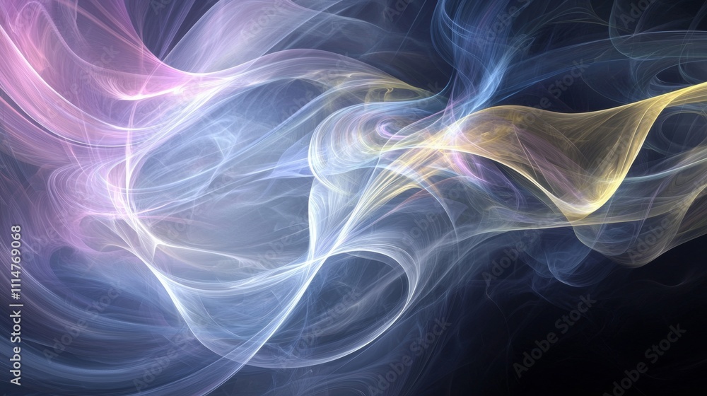 Poster colorful smoke forming a wavy and ethereal pattern is swirling on a dark background, creating a mesm