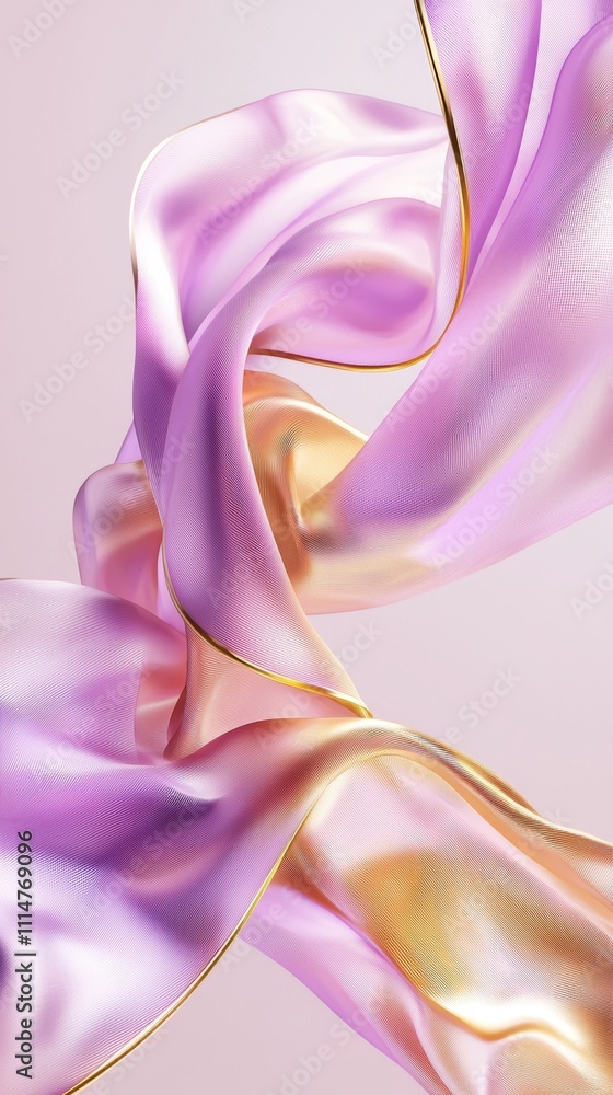 Poster luxurious pink fabric with gold edges gracefully swirling and flowing on a soft pink backdrop, creat
