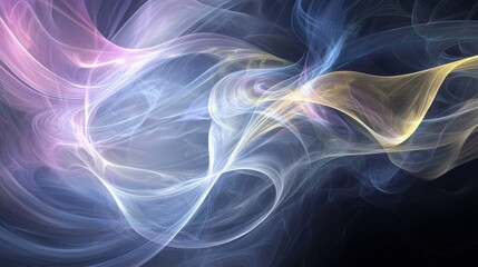 Fototapeta premium Colorful smoke forming a wavy and ethereal pattern is swirling on a dark background, creating a mesmerizing and abstract visual effect, perfect for backgrounds and creative projects