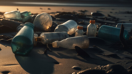 Obraz premium Scattered Glass and Plastic Bottles on Sandy Beach at Sunset