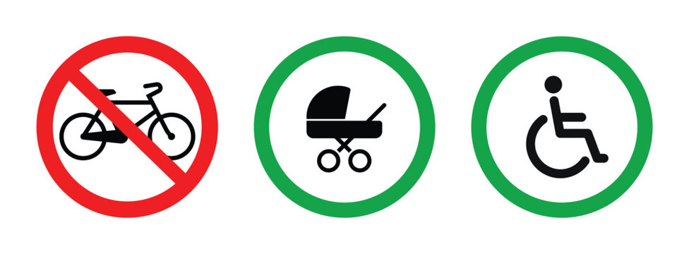 classic baby pram wheelchair access allowed prohibited no cycling bicycle bike permitted sign symbol simple set vector on transparent background