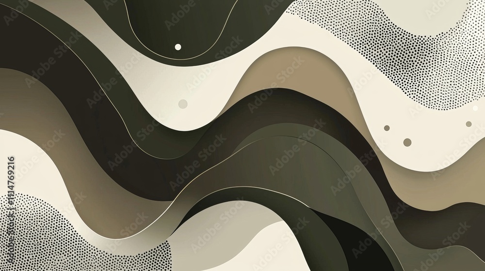 Poster smooth, undulating shapes in shades of beige and olive green create a dynamic layered composition, e