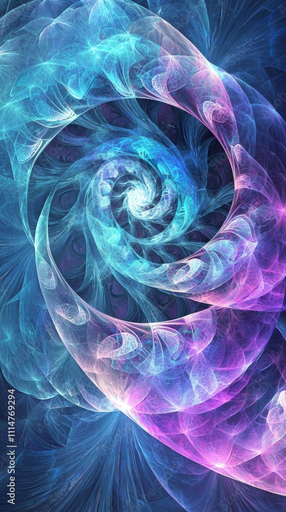 Poster abstract blue and purple fractal pattern creating a mesmerizing spiral with intricate details and gl