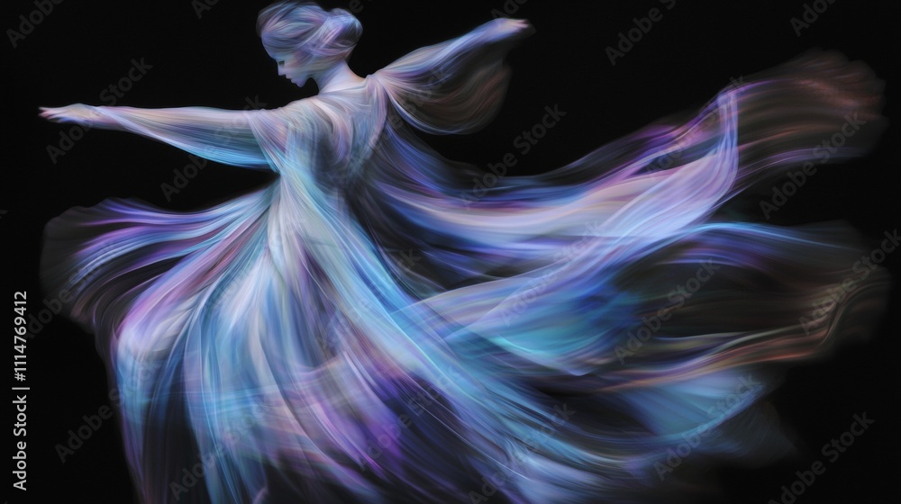 Poster ballerina with elegant dress performing a dance move with a colorful and ethereal effect surrounding