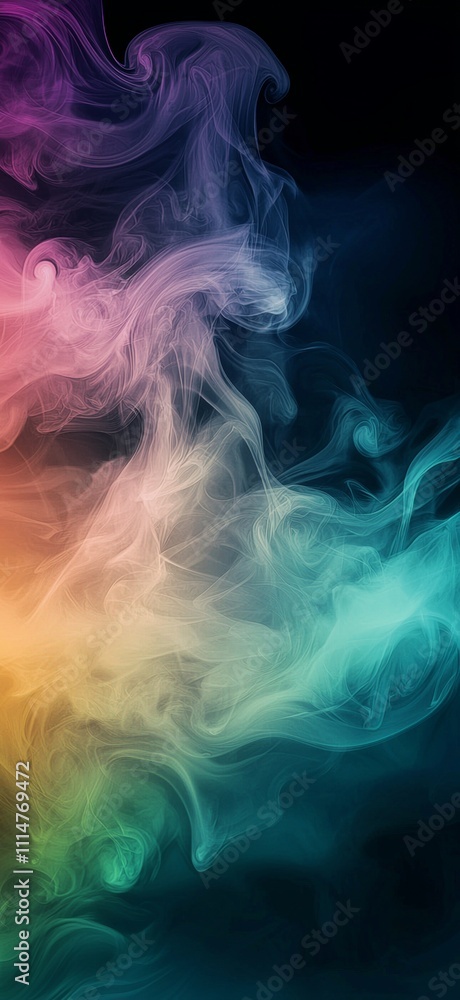Poster multicolored smoke creating abstract patterns and shapes on a dark background, suitable for backgrou