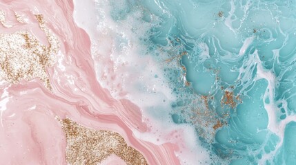 Obraz premium Pink and turquoise liquid marble effect with gold glitter creates a stunning visual design, perfect for backgrounds, invitations, or any project needing a touch of elegance and modern style