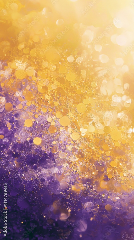 Poster golden and purple abstract background creating a stunning visual design, with bokeh effect and bubbl