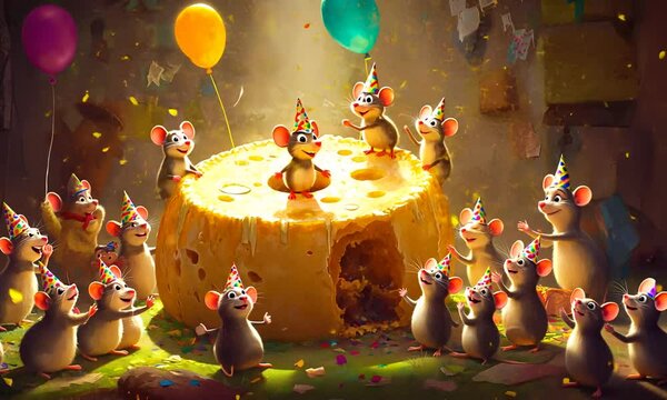 Festive Mice Celebrating Birthday with Cheese in Colorful Atmosphere