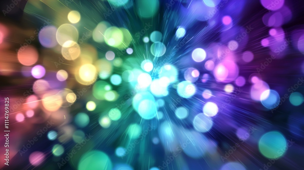 Poster bright multicolored bokeh lights are radiating outwards, creating a dynamic and festive atmosphere, 