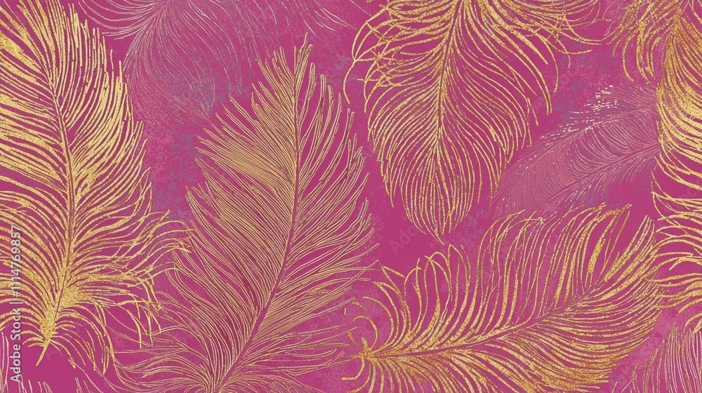 Poster golden feathers creating a seamless pattern on a textured pink background, infusing designs with ele
