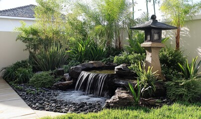 A serene Japanese garden featuring a small waterfall, stone lantern, and lush greenery, creating a peaceful ambiance.