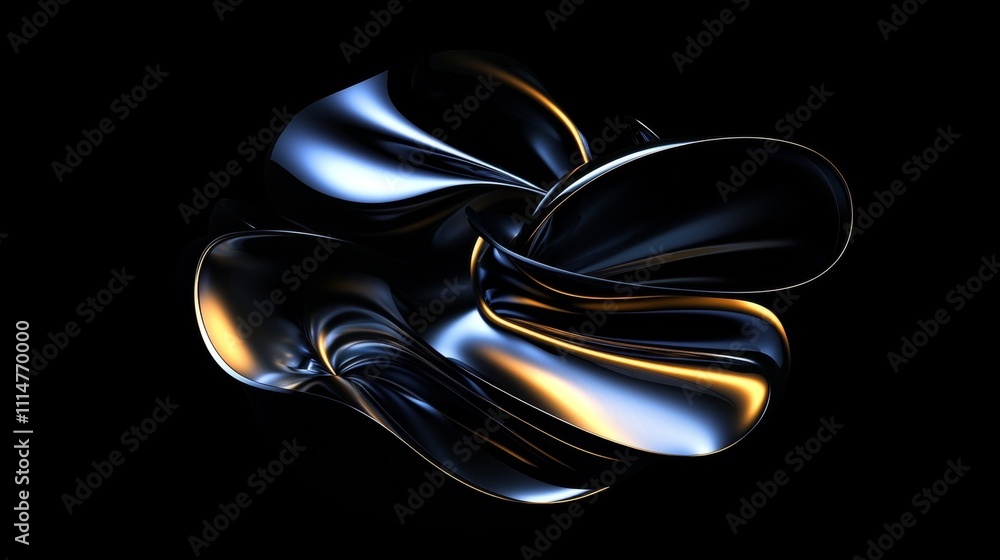 Poster smooth metallic shape with golden highlights creating an abstract and elegant design against a dark 