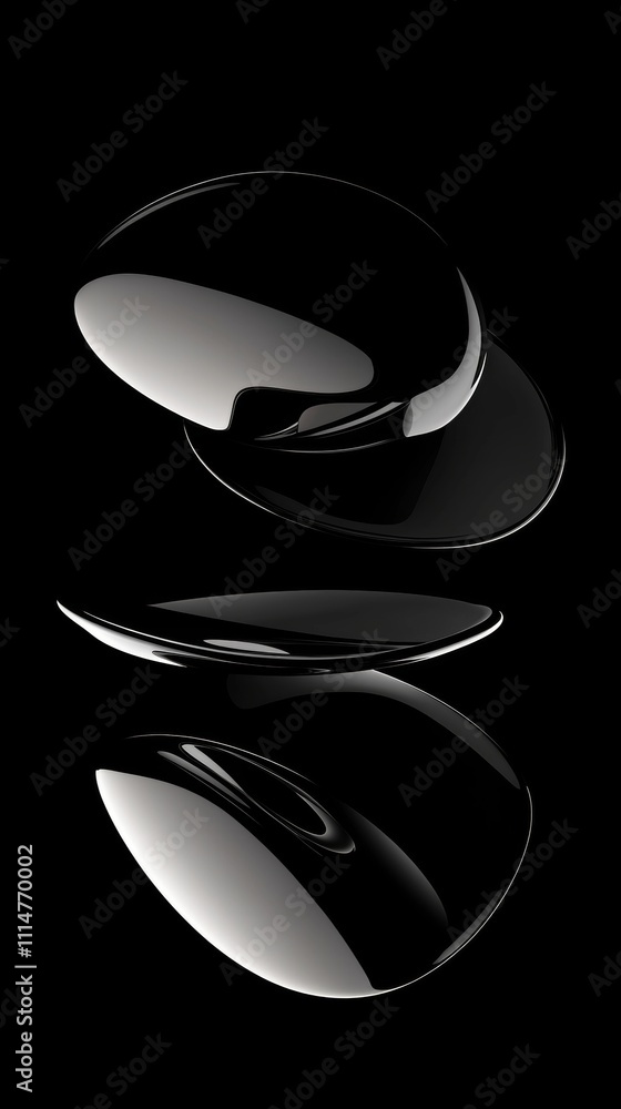 Aufkleber three shiny black abstract shapes floating against a deep black background, forming an intriguing an