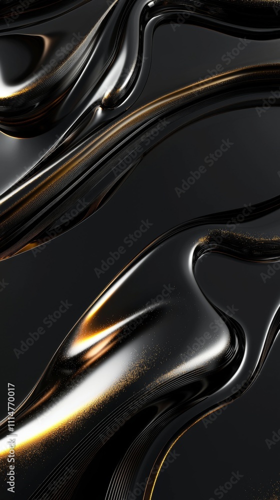 Poster smooth, undulating waves of liquid metal flow and ripple, reflecting golden light across their dark 
