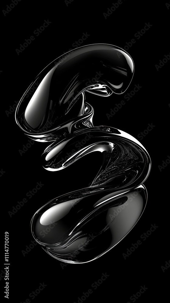 Poster glossy black abstract shape twisting and turning, creating a dynamic and elegant form against a star