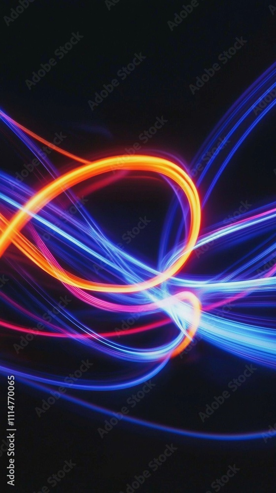 Poster colorful light trails intertwining and forming dynamic shapes against a deep black backdrop, creatin