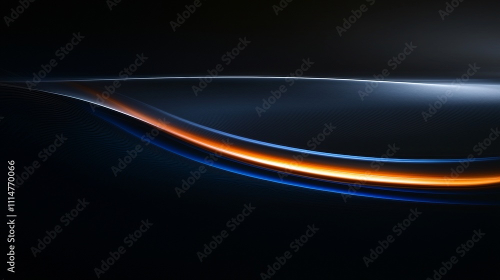 Poster smooth elegant curves of light in orange and blue flow across a dark background, creating an abstrac