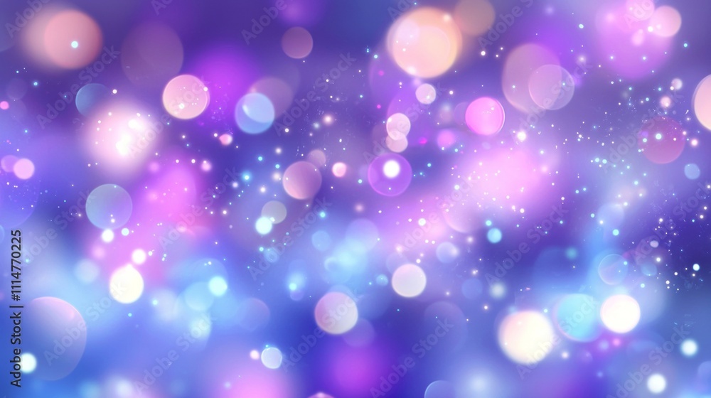 Poster abstract festive background features a dreamy blend of purple and blue bokeh lights, creating a magi