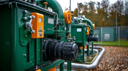 Biogas Digester System Close-up: Pipes and valves of a biogas digester system with technical labels, focusing on clean energy tech.