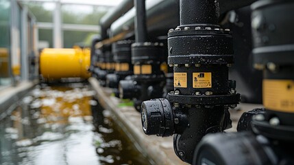 Biogas Digester System Close-up: Pipes and valves of a biogas digester system with technical labels, focusing on clean energy tech.