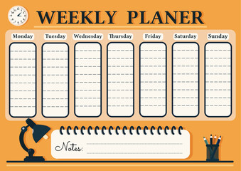 A weekly planer for a student or workers. School Time Table Template with a lamp, clock and pencils on yellow background. Vector illustration in flat cartoon style