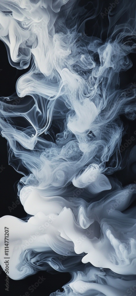 Poster white smoke swirling and flowing into abstract shapes against a deep black background, creating a me
