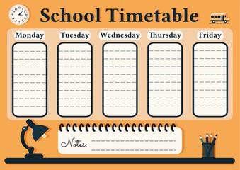 A weekly planer for a student or workers. School Time Table Template with a lamp, clock and pencils on yellow background. Vector illustration in flat cartoon style