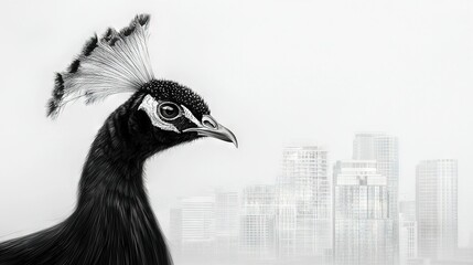 Obraz premium A photo of a bird perched on a branch against a city skyline backdrop