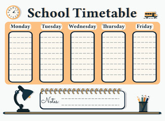 A weekly planer for a student or workers. School Time Table Template with a lamp, clock and pencils on white background. Vector illustration in flat cartoon style