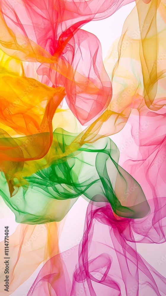 Poster smooth elegant colorful transparent fabric flowing on white background creating abstract shapes and 