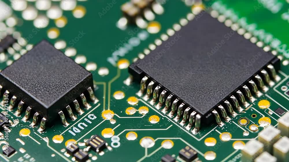 Poster close-up of electronic circuit board showcasing intricate components and connections for technology 