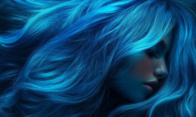 Naklejka premium A subject with long flowing hair dyed a bright electric blue cascading over shoulders.