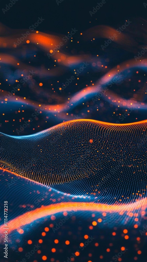 Poster abstract particles are flowing across a digital landscape, creating futuristic waves of light and en