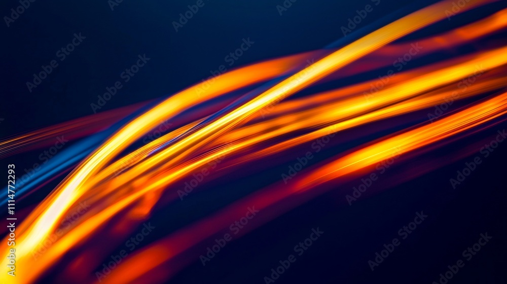 Poster light trails in orange and blue hues create a dynamic and vibrant design against a dark background, 