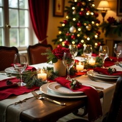 Christmas dinner table setting, including the types of dishes, decorations, and the atmosphere that surrounds the meal