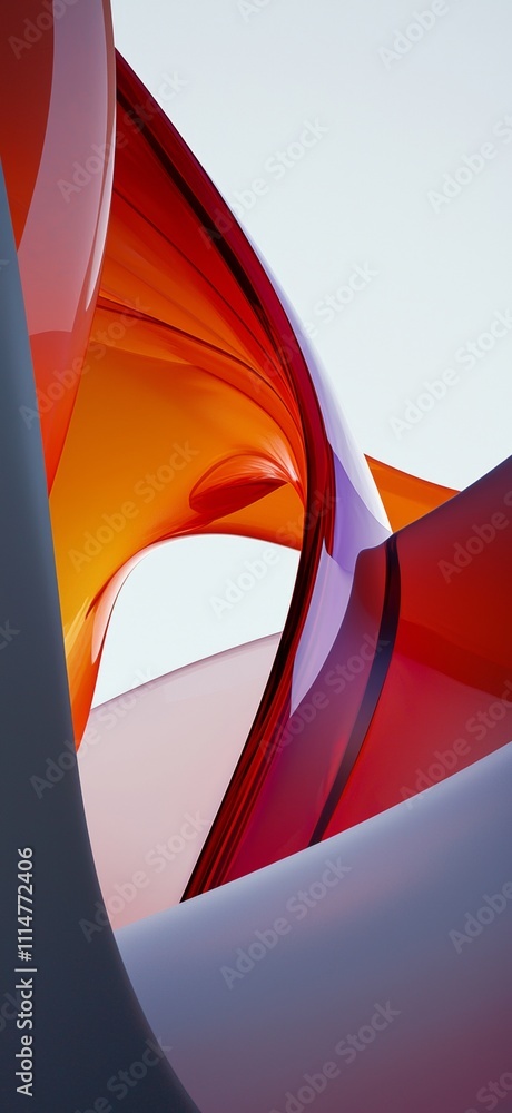Poster smooth, luminous shapes in vibrant hues of orange and red intertwine and overlap against a white bac