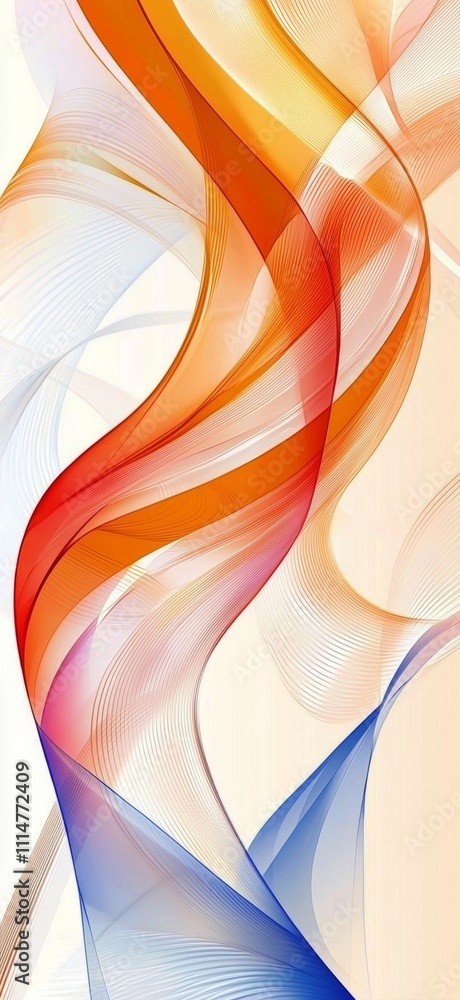 Poster smooth orange and blue abstract waves are flowing and blending together over a white background, cre