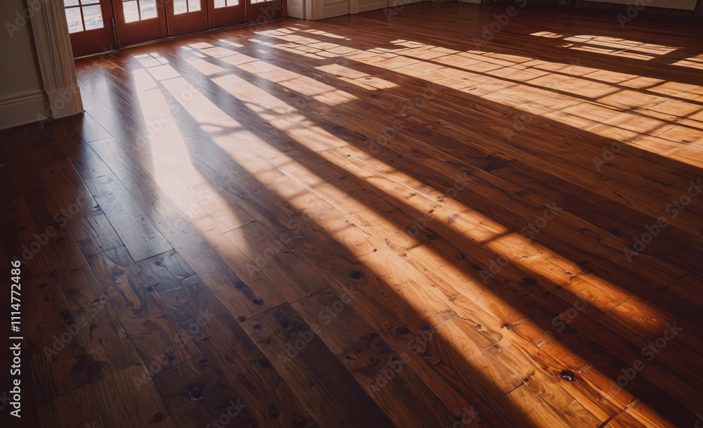 Poster room with wooden floors and a window. the floor is shining in the sun. there is a shadow on the floo