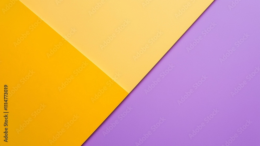 Poster geometric composition featuring vibrant yellow and purple paper sheets creating an abstract backgrou