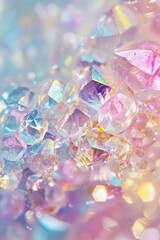 Sparkling iridescent aura quartz crystals create a captivating display of prismatic colors, evoking a dreamlike fantasy landscape filled with vibrant hues and ethereal beauty