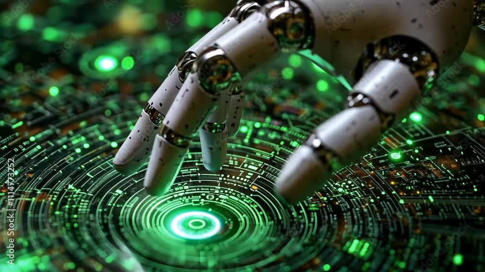 Poster robotic hand interacting with glowing digital interface filled with green light and intricate patter