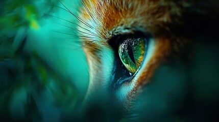   Close-up of a cat's eye with a clear plant in the foreground and blurry background