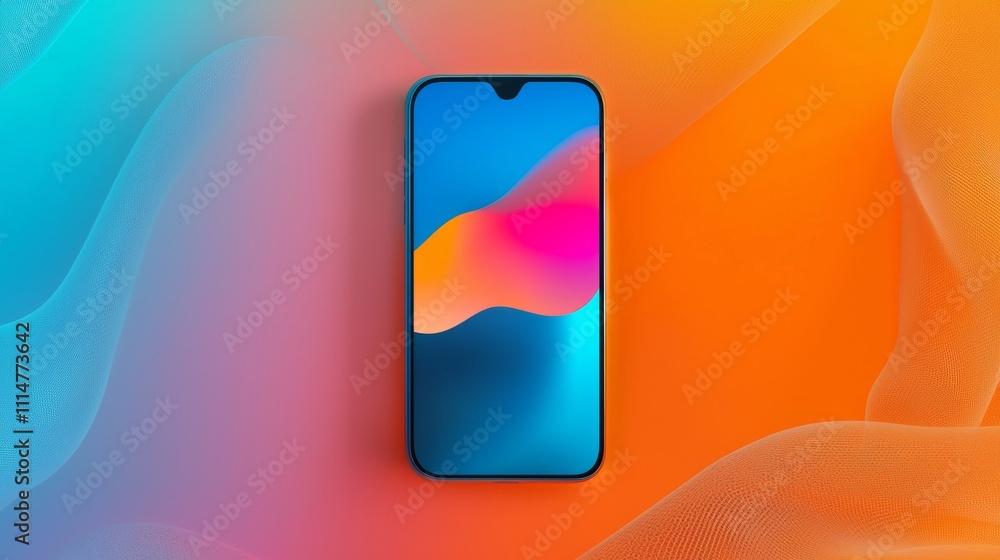 Poster modern smartphone displaying a vibrant, abstract background with swirling colors, positioned on an o