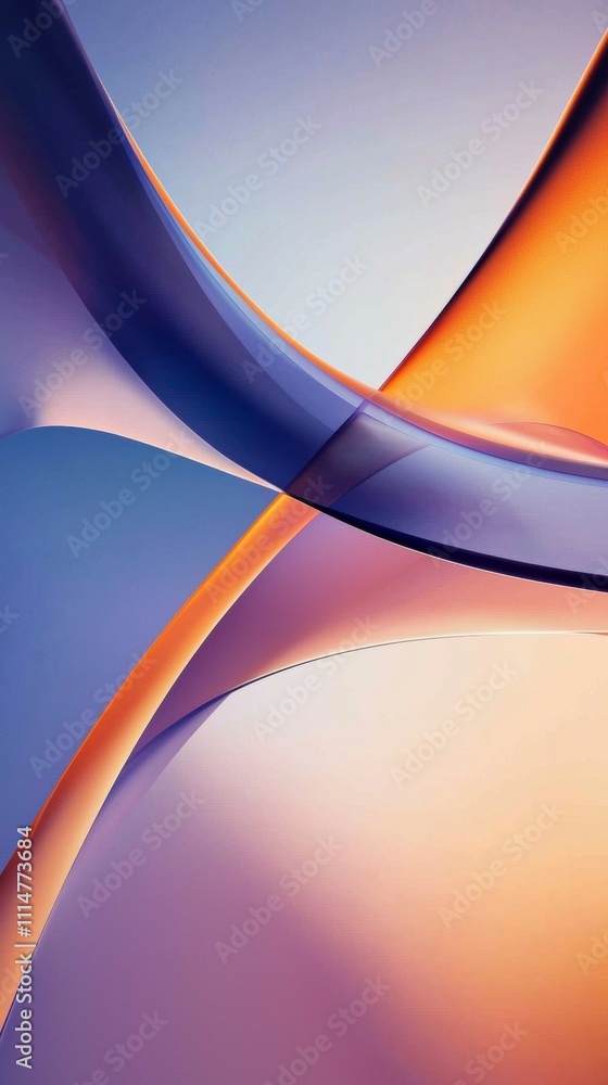 Poster smooth, curved shapes in vibrant orange and deep purple intertwine and overlap, creating a dynamic s