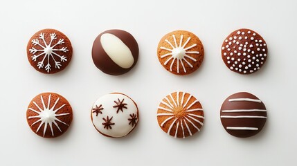 Obraz premium Nine beautifully adorned cookies rest atop a pure white table, embellished with icing and glittering sprinkles