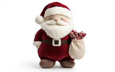 Santa Claus Plush Toy A jolly Santa Claus plush toy with a soft red velvet suit, a white beard made of plush fur, and a tiny stitched sack of toys.