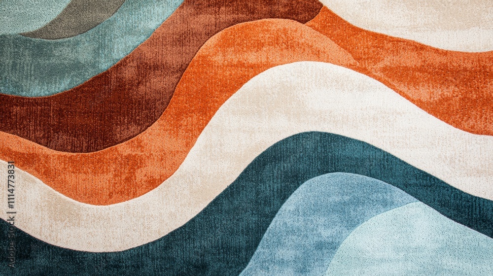 Poster modern soft carpet featuring an abstract wavy pattern with horizontal stripes in vibrant colors like