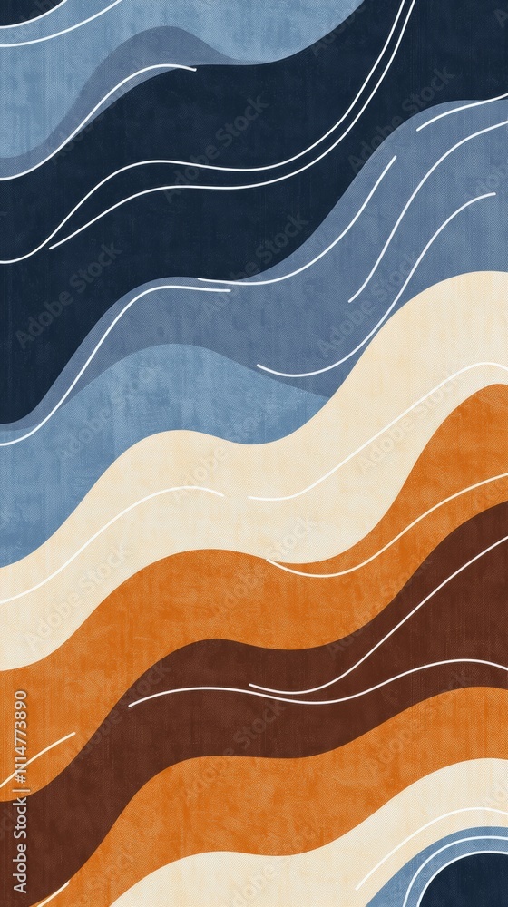 Poster modern abstract background featuring flowing wavy lines in a palette of earthy browns, oranges, and 