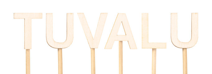 Handmade text, name of the country Tuvalu designed with natural materials. Wooden sign.