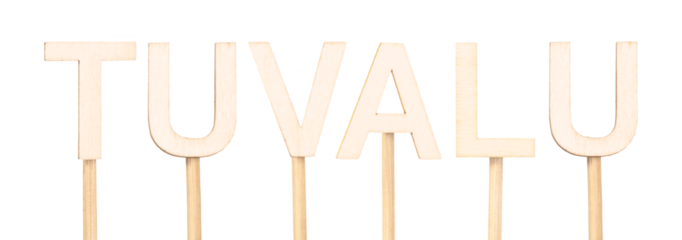 Handmade text, name of the country Tuvalu designed with natural materials. Wooden sign.